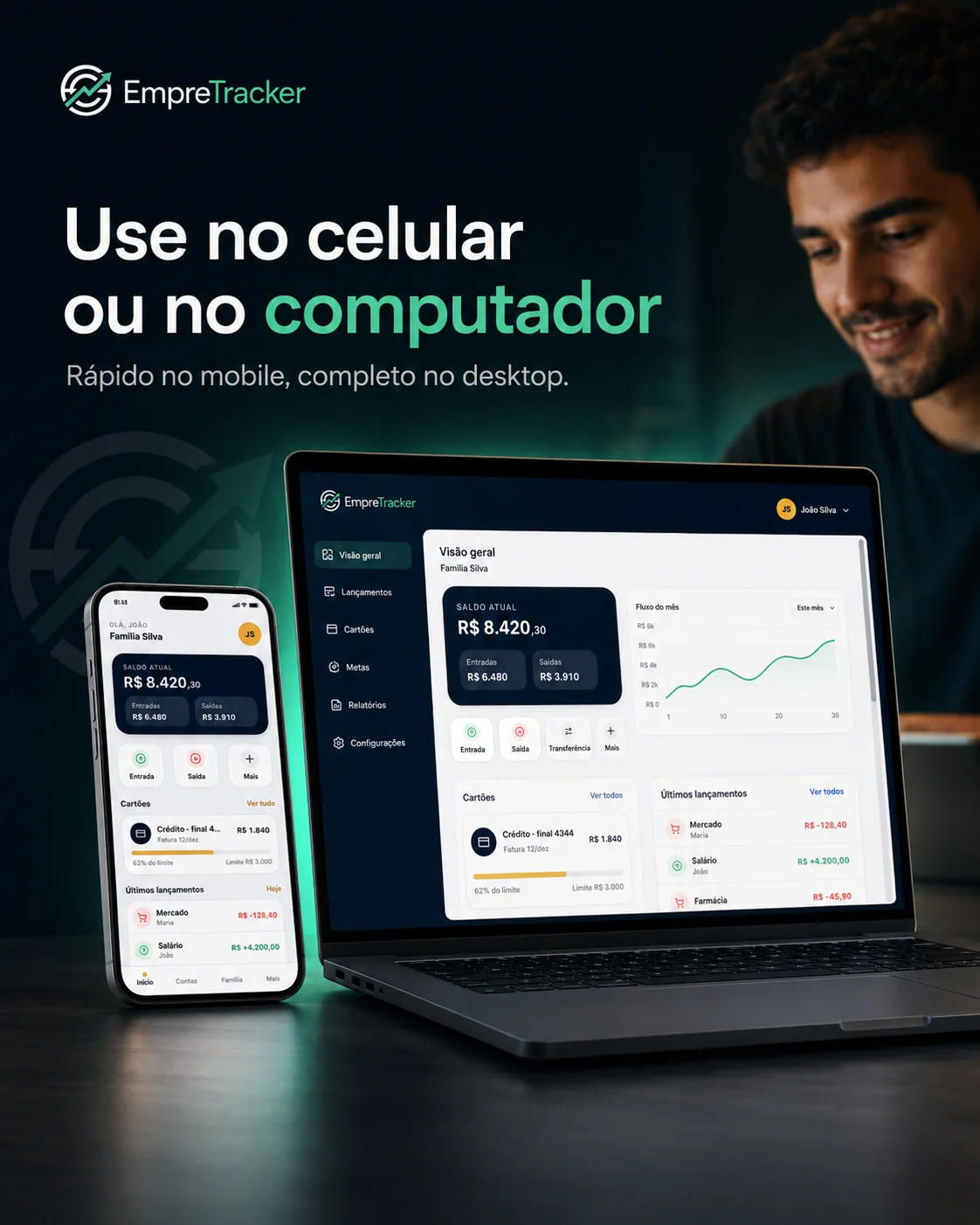Use o EmpreTracker no celular ou no computador — rápido no mobile, completo no desktop